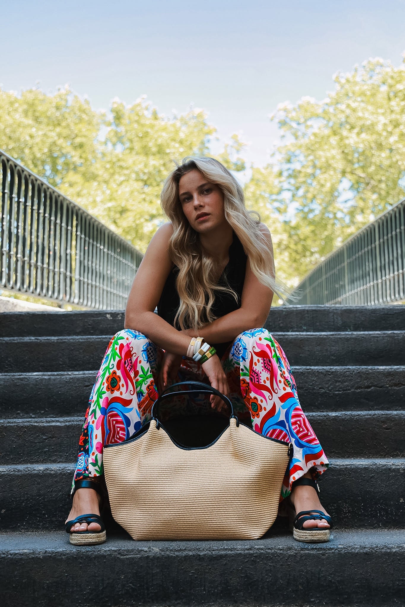 Sac  Hector raphia et cuir noir