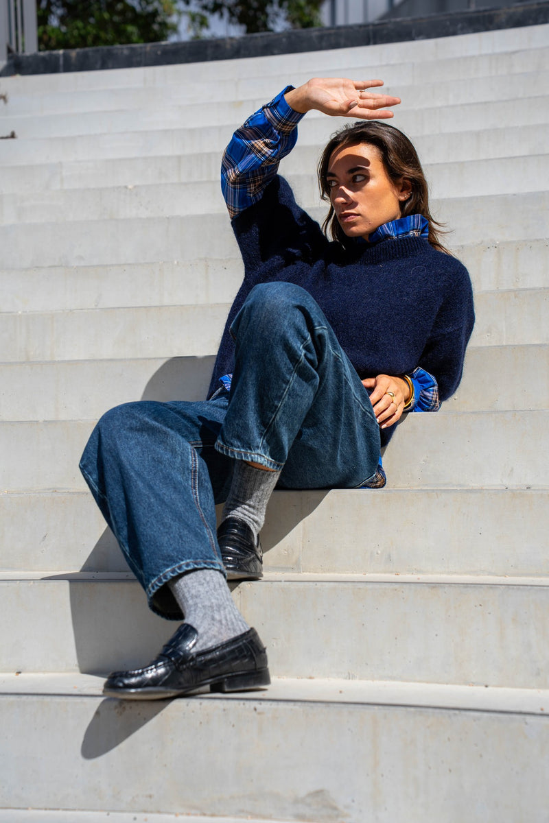 Jean Barrel denim bleu Kza porté