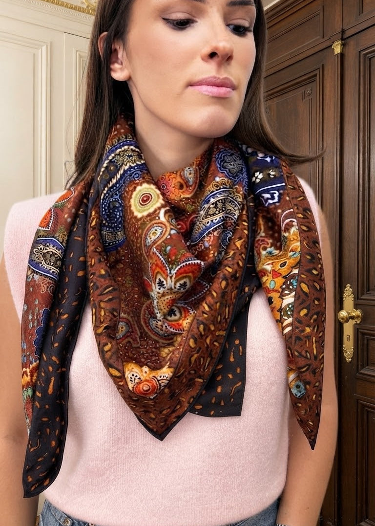 Maxi Foulard Laine et Soie Fleurs de cachemire marron