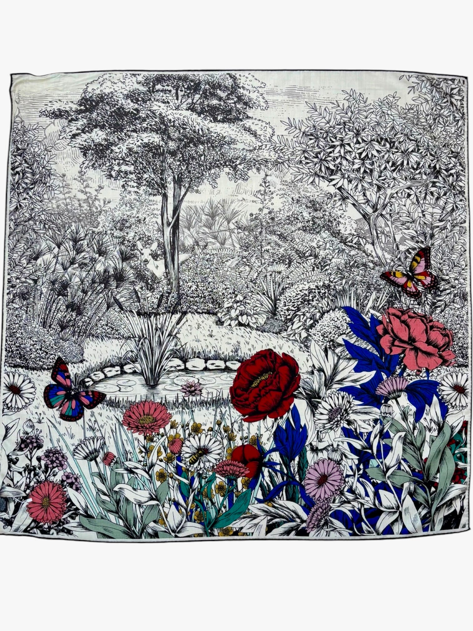 Maxi Foulard Laine et Soie Pivoines multicolores bleuté