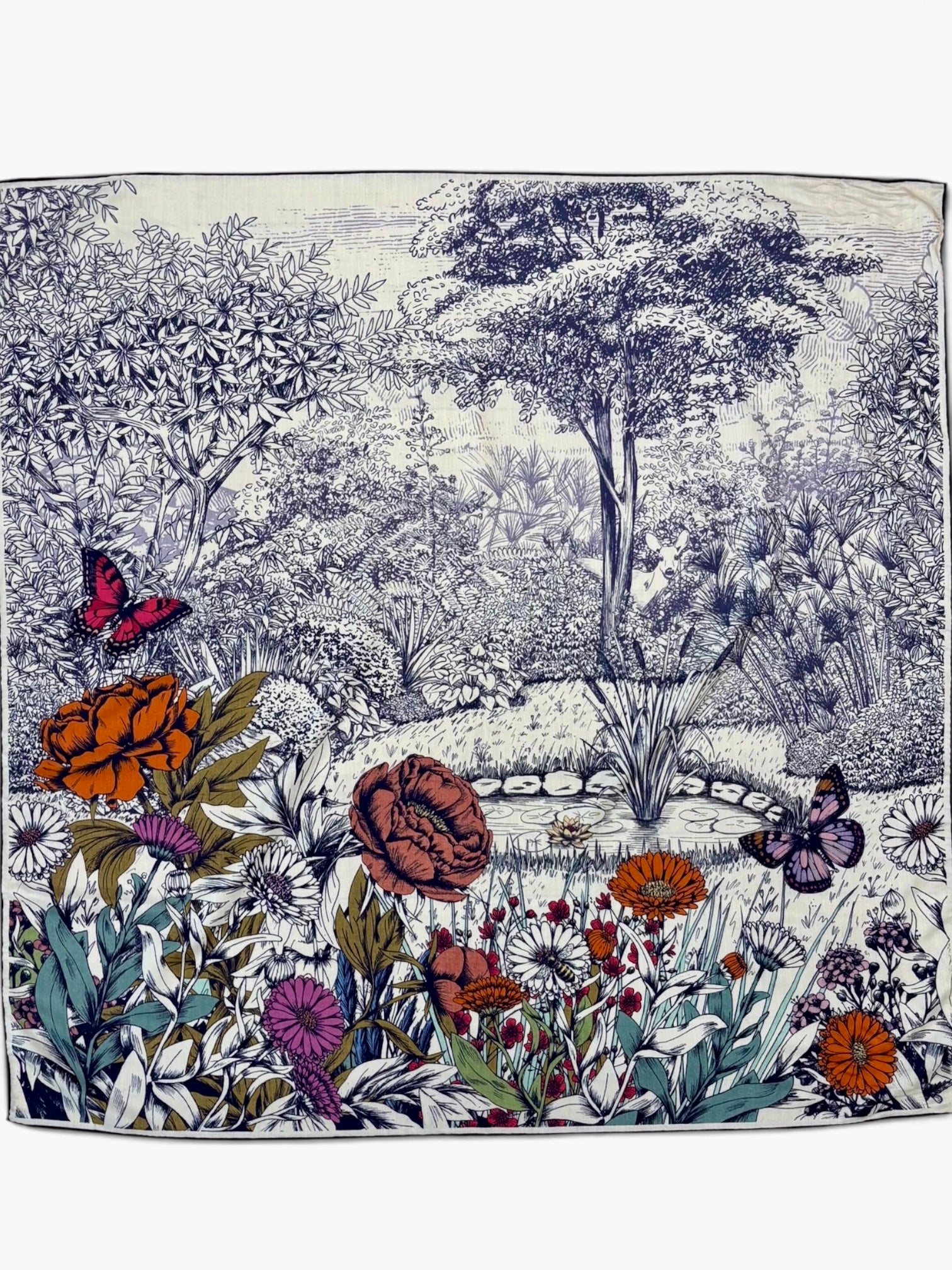Maxi Foulard Laine et Soie Pivoines multicolores bleuté